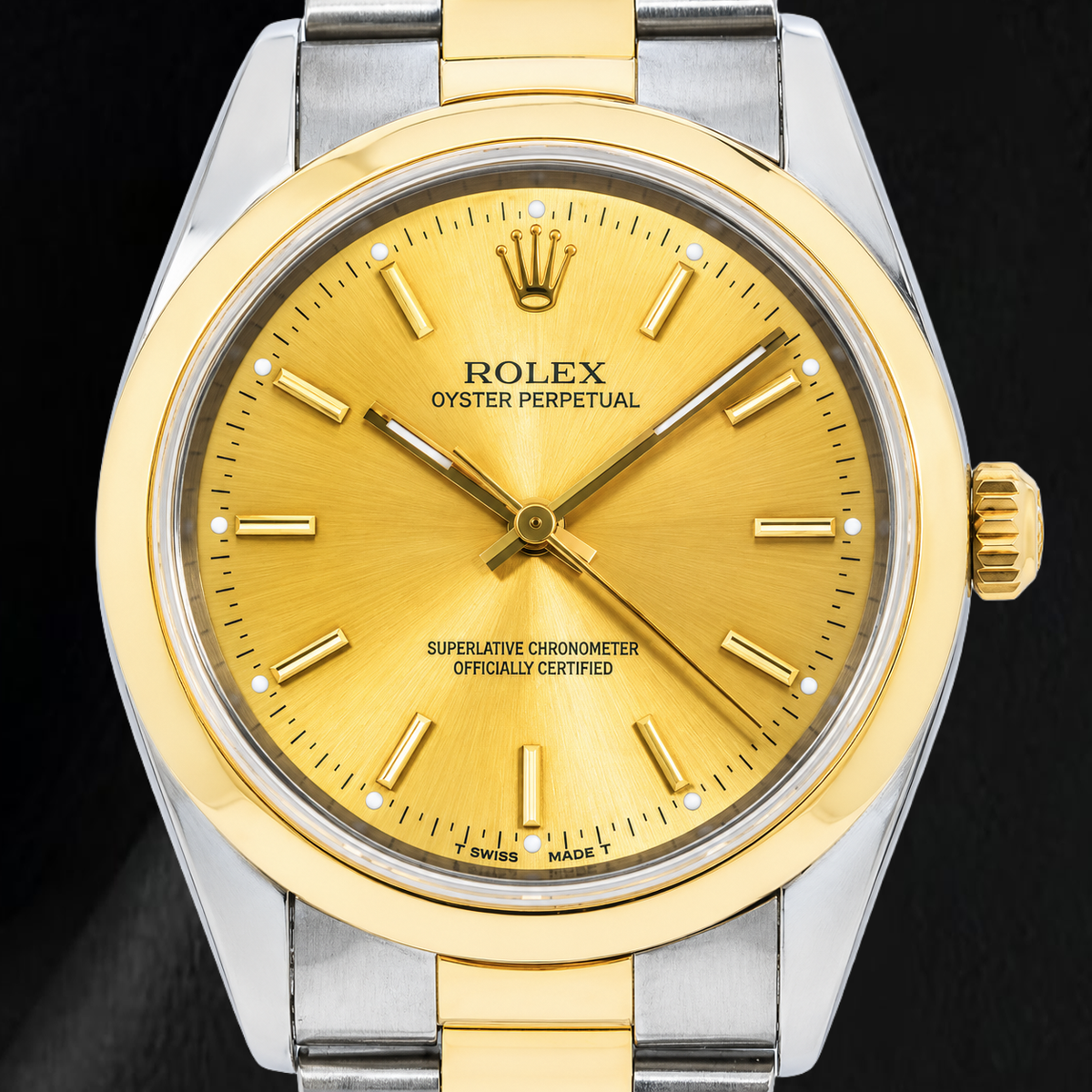 Rolex Oyster Perpetual 14203 34mm Champagne Stick Dial Two Tone Watch