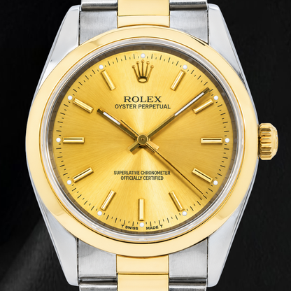 Rolex Oyster Perpetual 14203 34mm Champagne Stick Dial Two Tone Watch