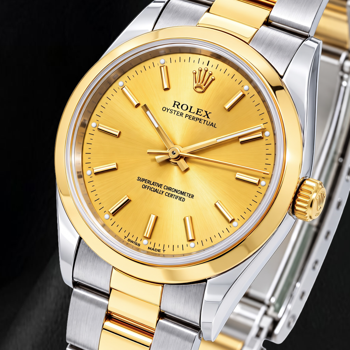 Rolex Oyster Perpetual 14203 34mm Champagne Stick Dial Two Tone Watch