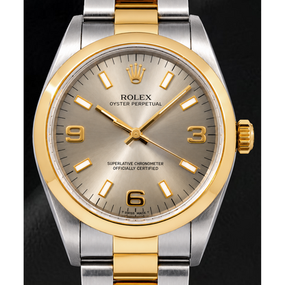 Rolex Oyster Perpetual 14203 34mm Gray Luminous Arabic Dial Two Tone Watch