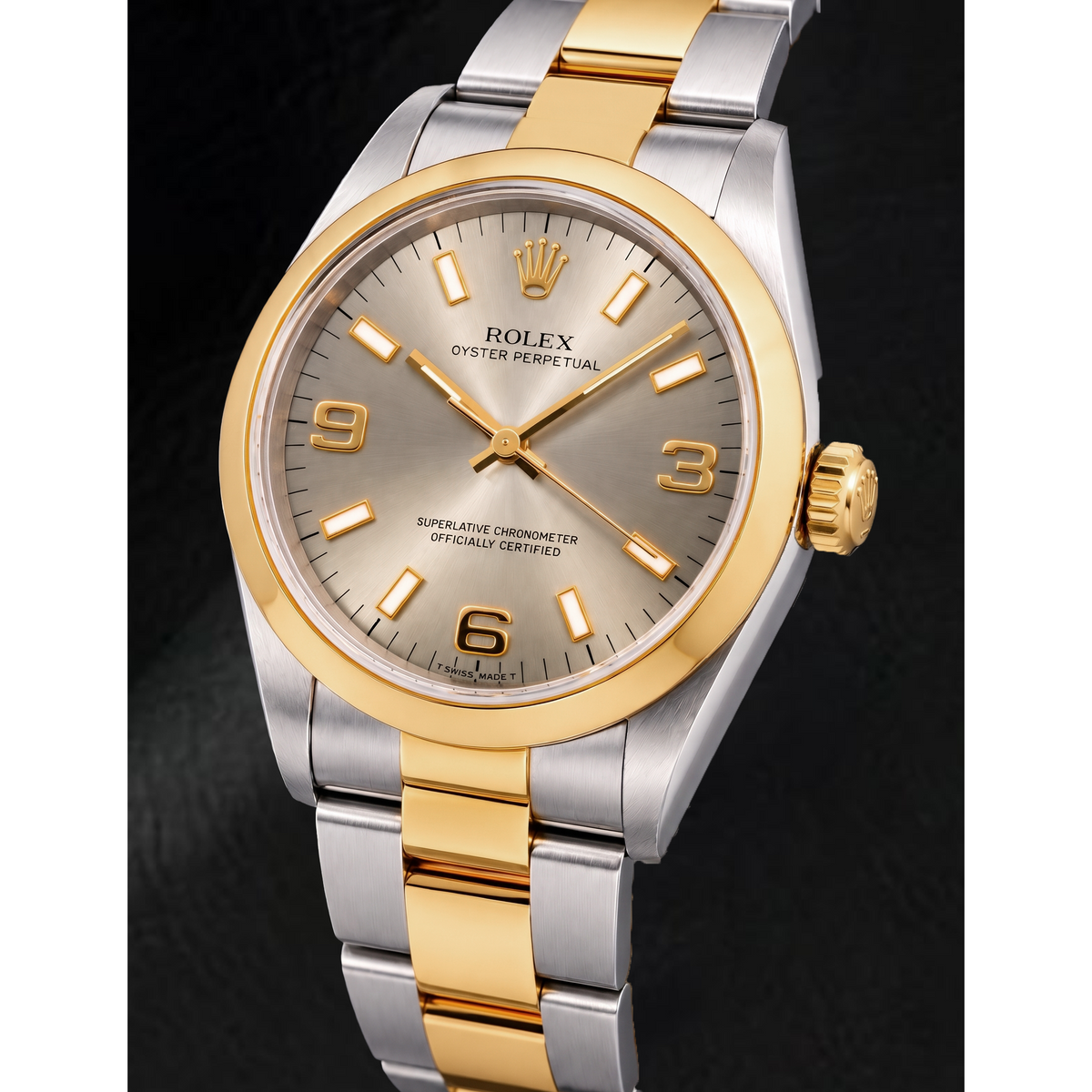 Rolex Oyster Perpetual 14203 34mm Gray Luminous Arabic Dial Two Tone Watch
