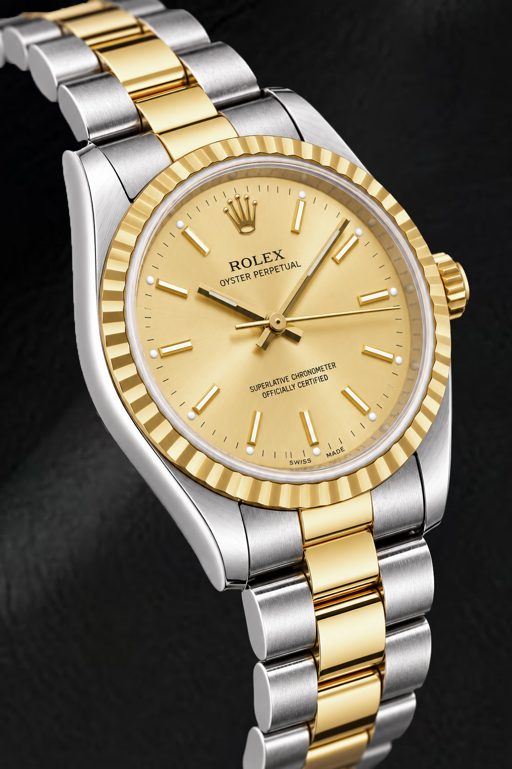Rolex Oyster Perpetual 14233 34mm Champagne Stick Dial Two Tone Watch