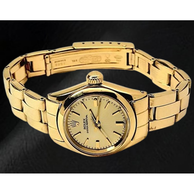 Rolex Oyster Perpetual 24 mm Champagne Stick Dial Watch Yellow Gold Oyster Bracelet