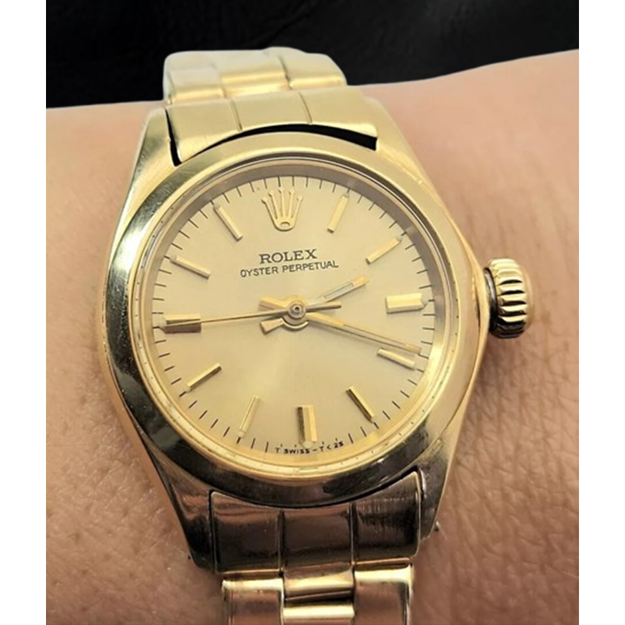 Rolex Oyster Perpetual 24 mm Champagne Stick Dial Watch Yellow Gold Oyster Bracelet
