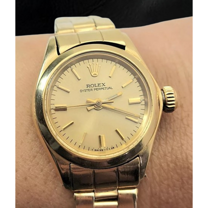 Rolex Oyster Perpetual 24 mm Champagne Stick Dial Watch Yellow Gold Oyster Bracelet