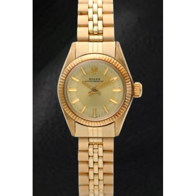 Rolex Oyster Perpetual 24 mm Champagne Stick Dial Yellow Gold Watch