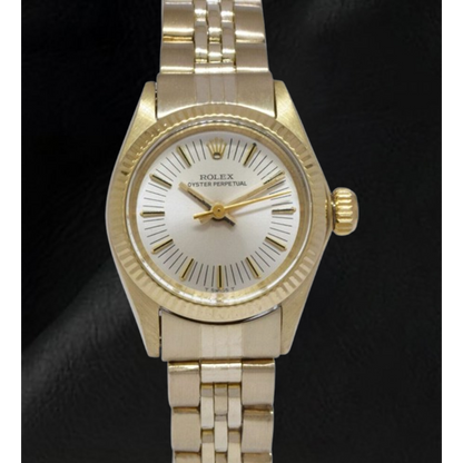 Rolex Oyster Perpetual 24 mm Silver Stick Dial Yellow Gold Watch