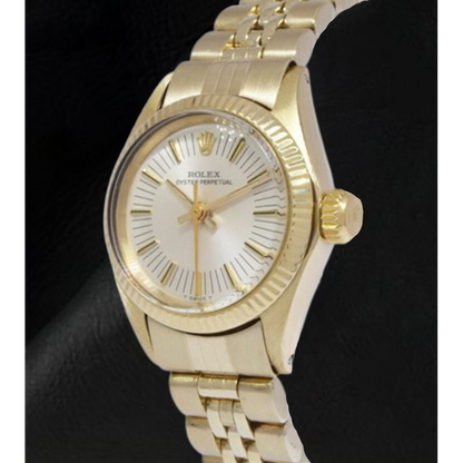 Rolex Oyster Perpetual 24 mm Silver Stick Dial Yellow Gold Watch