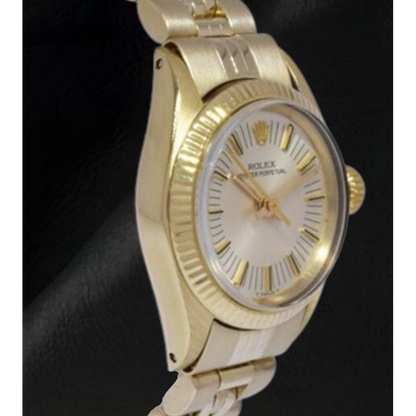Rolex Oyster Perpetual 24 mm Silver Stick Dial Yellow Gold Watch