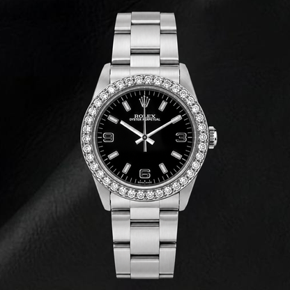 Rolex Oyster Perpetual 26mm 76030 Black Arabic Dial Diamond Bezel Watch
