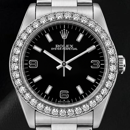 Rolex Oyster Perpetual 26mm 76030 Black Arabic Dial Diamond Bezel Watch