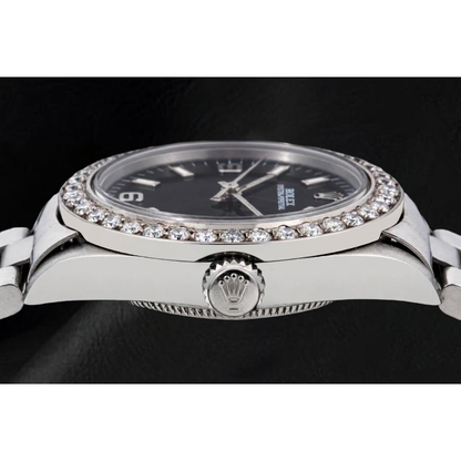 Rolex Oyster Perpetual 26mm 76030 Black Arabic Dial Diamond Bezel Watch