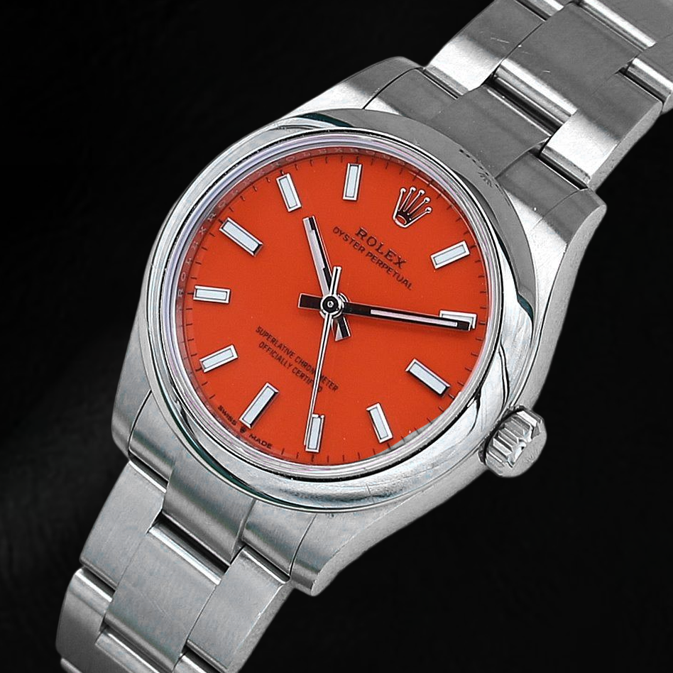 Rolex Oyster Perpetual 31mm Coral Red Luminous Dial Steel Men's Watch