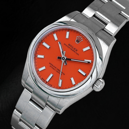 Rolex Oyster Perpetual 31mm Coral Red Luminous Dial Steel Men's Watch