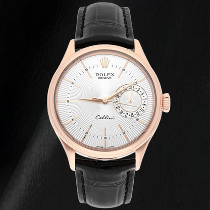 Rolex Oyster Perpetual 50515 39mm Silver Stick Dial Black Leather Strap Rose Gold Watch