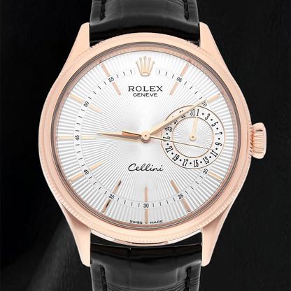 Rolex Oyster Perpetual 50515 39mm Silver Stick Dial Black Leather Strap Rose Gold Watch