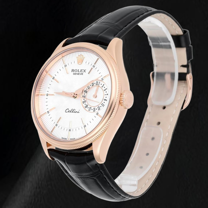 Rolex Oyster Perpetual 50515 39mm Silver Stick Dial Black Leather Strap Rose Gold Watch