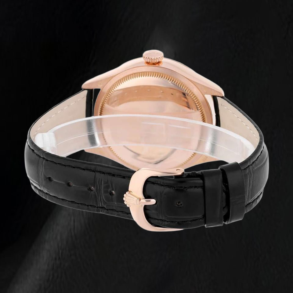 Rolex Oyster Perpetual 50515 39mm Silver Stick Dial Black Leather Strap Rose Gold Watch