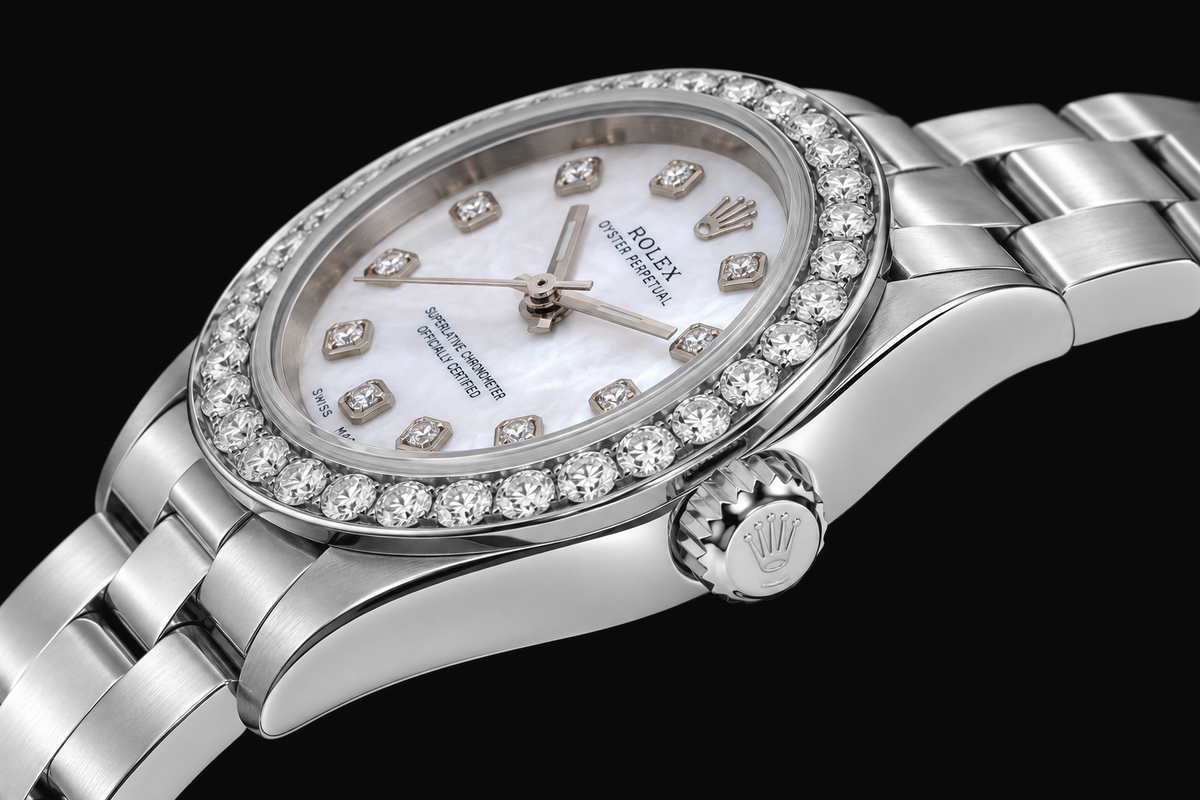 Rolex Oyster Perpetual 67193 26mm White Mother of Pearl Diamond Dial Stainless Steel Watch