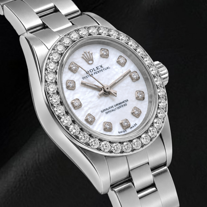 Rolex Oyster Perpetual 67193 26mm White Mother of Pearl Diamond Dial Stainless Steel Watch