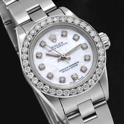 Rolex Oyster Perpetual 67193 26mm White Mother of Pearl Diamond Dial Stainless Steel Watch