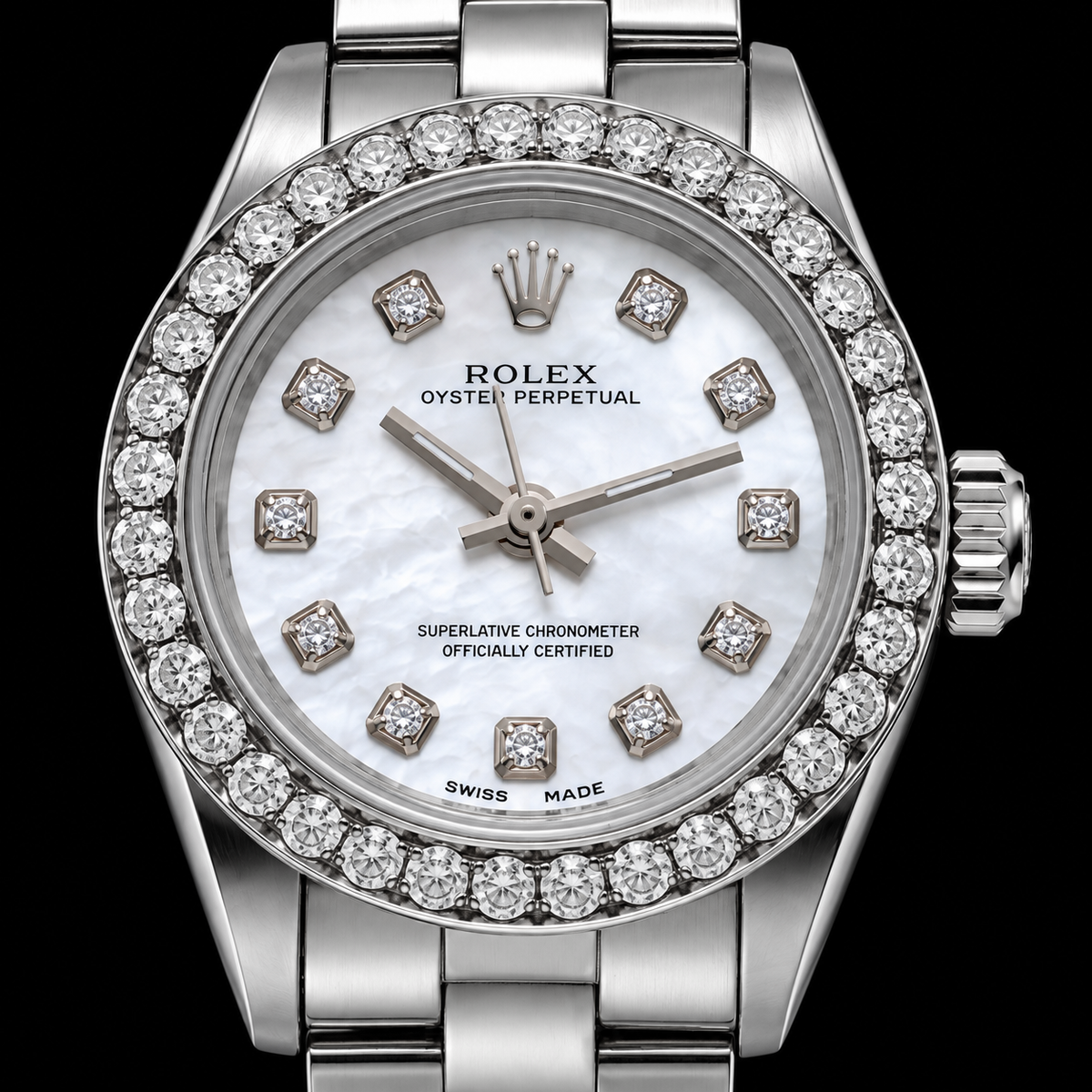 Rolex Oyster Perpetual 67193 26mm White Mother of Pearl Diamond Dial Stainless Steel Watch