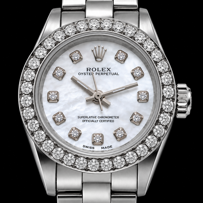 Rolex Oyster Perpetual 67193 26mm White Mother of Pearl Diamond Dial Stainless Steel Watch