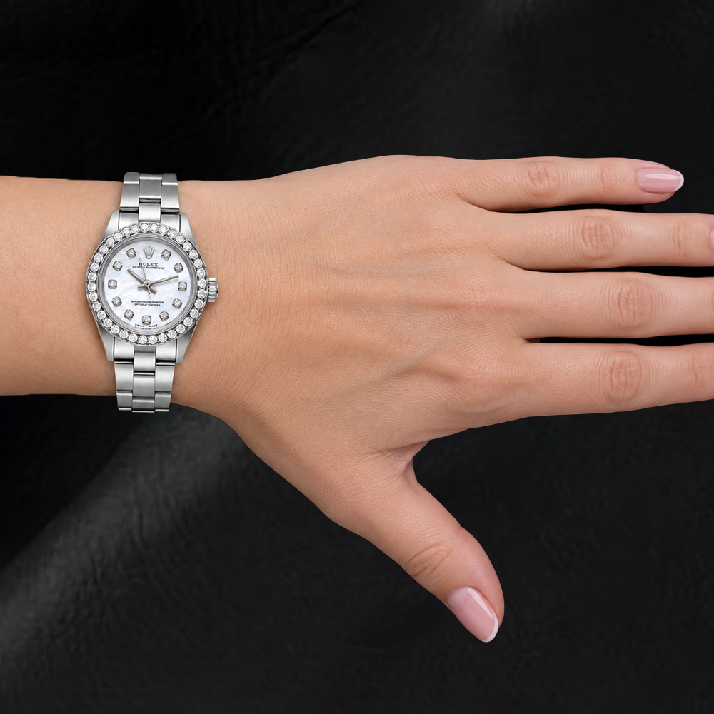 Rolex Oyster Perpetual 67193 26mm White Mother of Pearl Diamond Dial Stainless Steel Watch