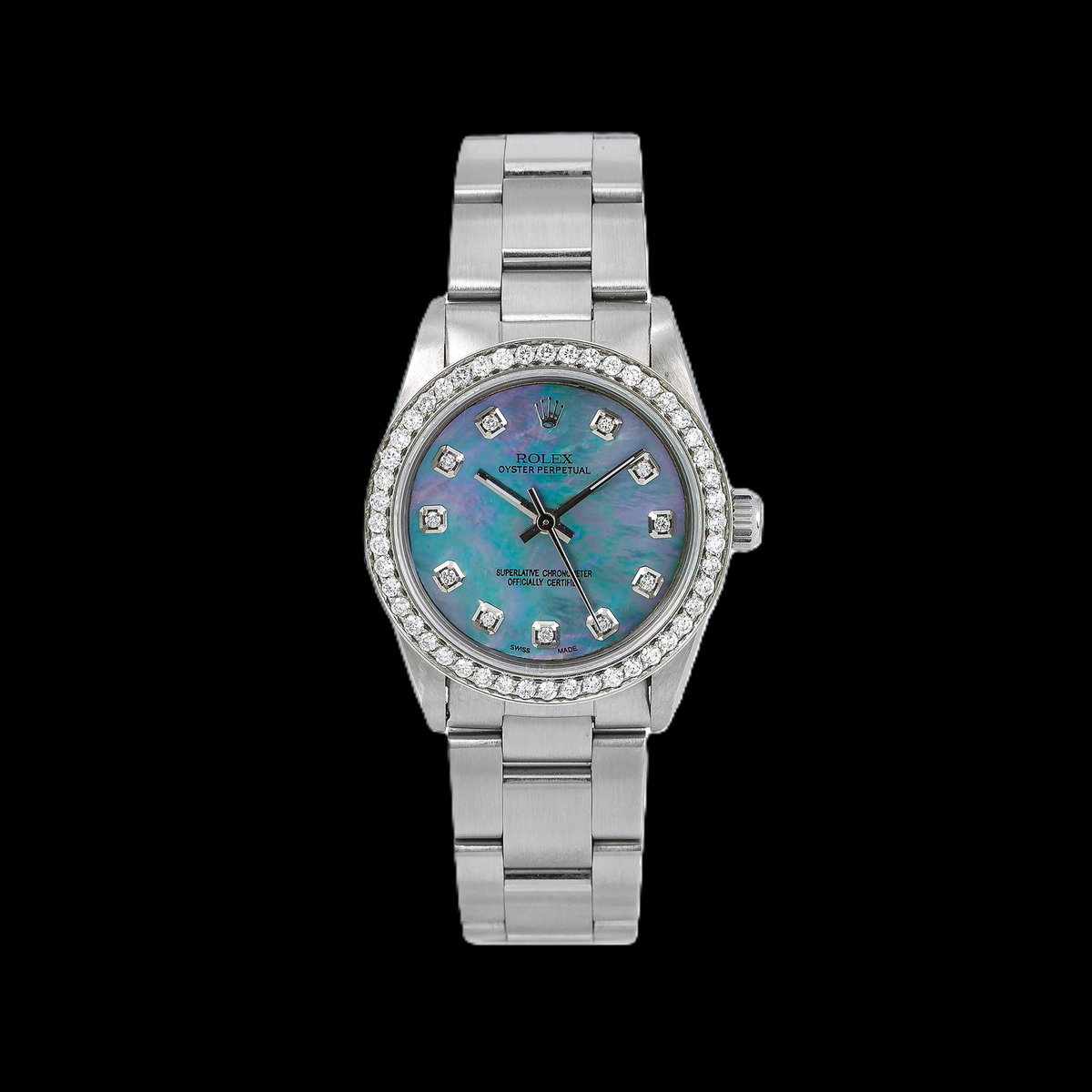Rolex Oyster Perpetual 67480 31mm Blue Mother of Pearl Diamond Dial Stainless Steel