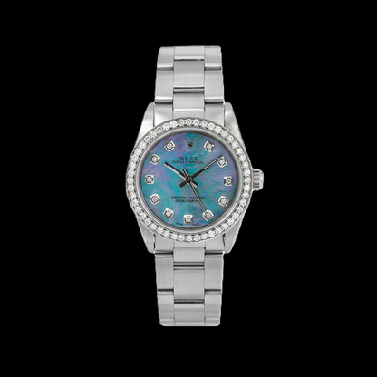 Rolex Oyster Perpetual 67480 31mm Blue Mother of Pearl Diamond Dial Stainless Steel