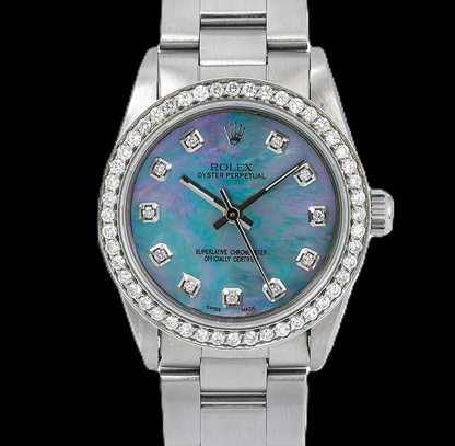Rolex Oyster Perpetual 67480 31mm Blue Mother of Pearl Diamond Dial Stainless Steel