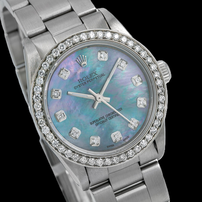 Rolex Oyster Perpetual 67480 31mm Blue Mother of Pearl Diamond Dial Stainless Steel