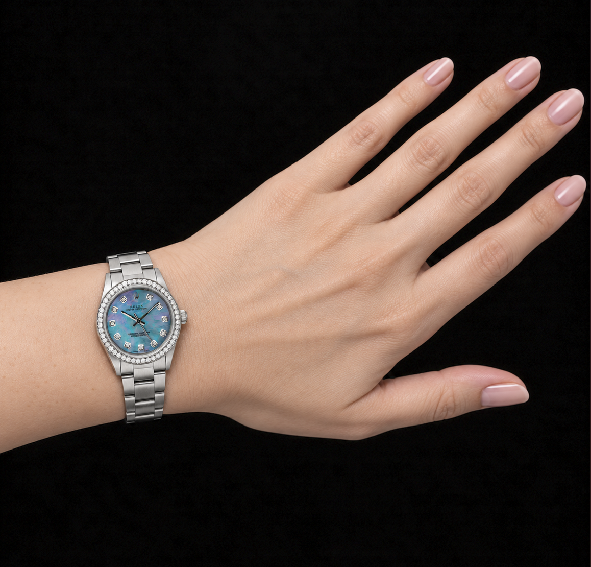 Rolex Oyster Perpetual 67480 31mm Blue Mother of Pearl Diamond Dial Stainless Steel