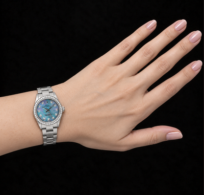 Rolex Oyster Perpetual 67480 31mm Blue Mother of Pearl Diamond Dial Stainless Steel