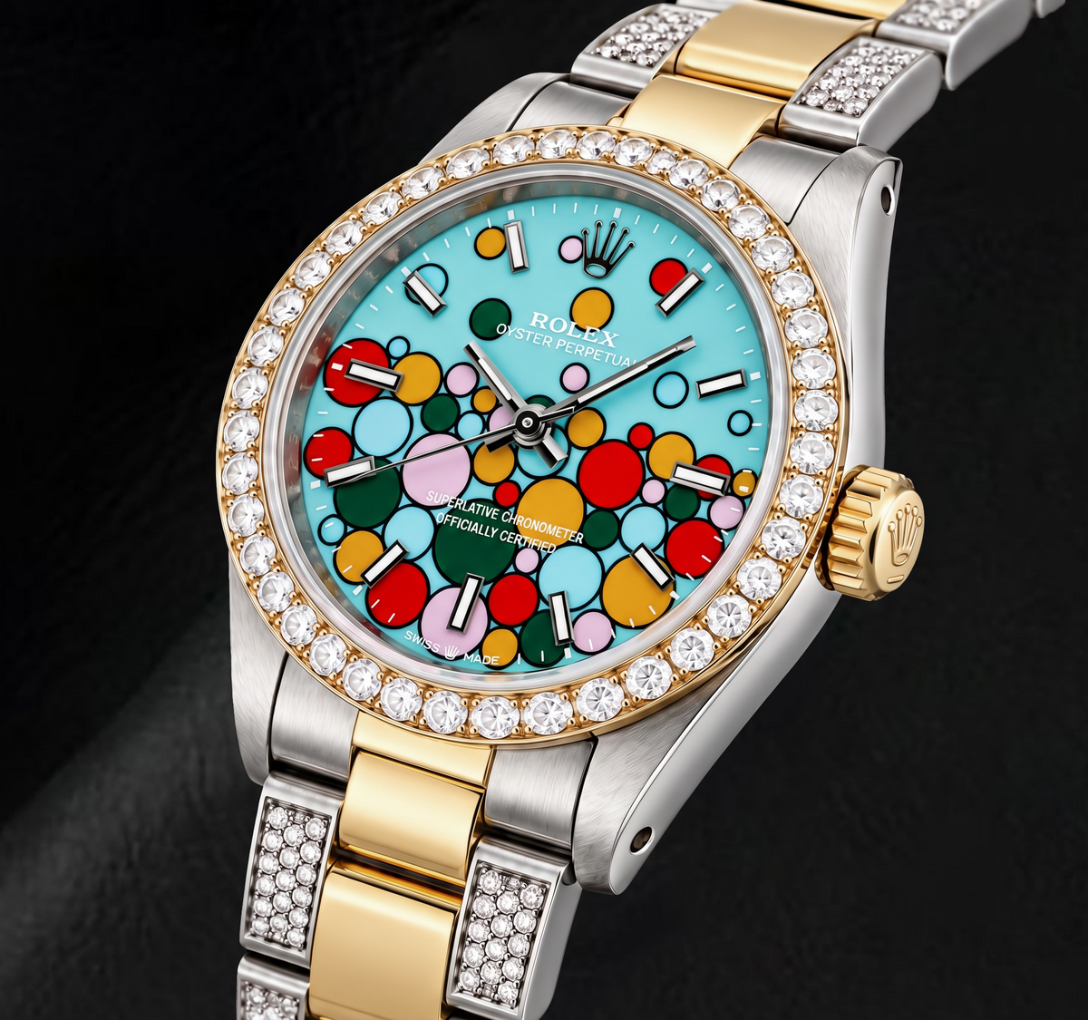 Rolex Oyster Perpetual 6748 31mm Turquoise Celebration Luminous Stick Dial Two Tone Watch