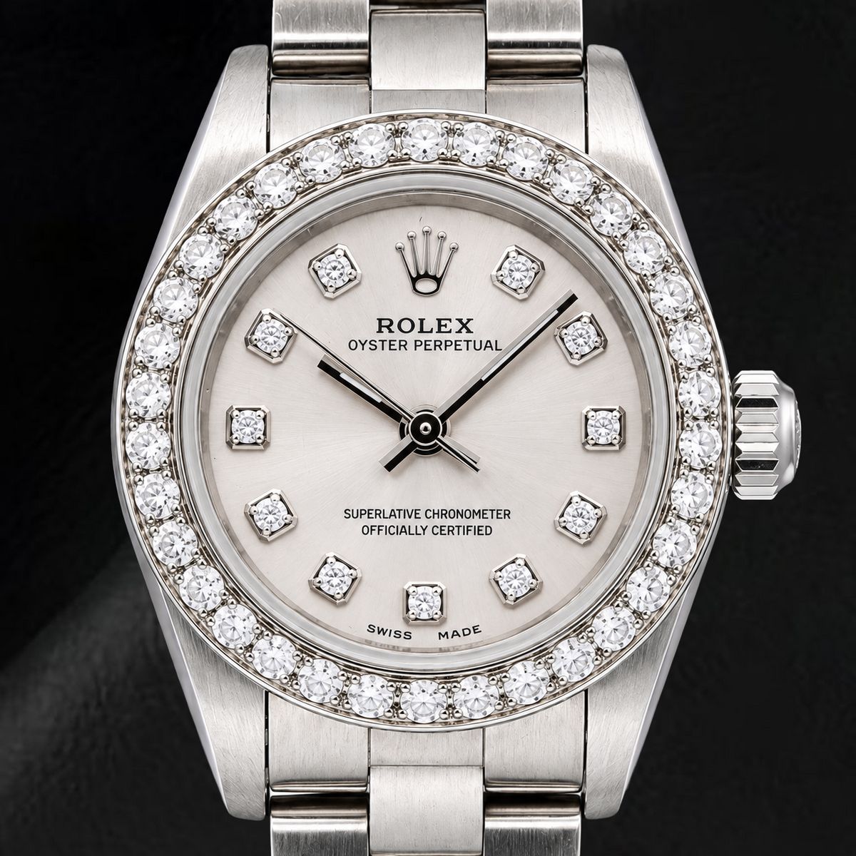 Rolex Oyster Perpetual 76080 26mm Silver Diamond Dial Stainless Steel Watch