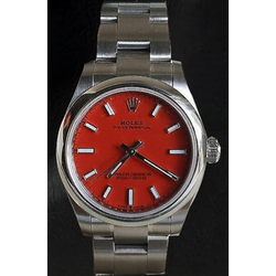 Rolex Oyster Perpetual Coral Red Luminous Dial Steel Watch