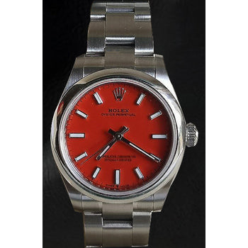  Rolex Oyster Perpetual Coral Red Luminous Dial Steel Watch