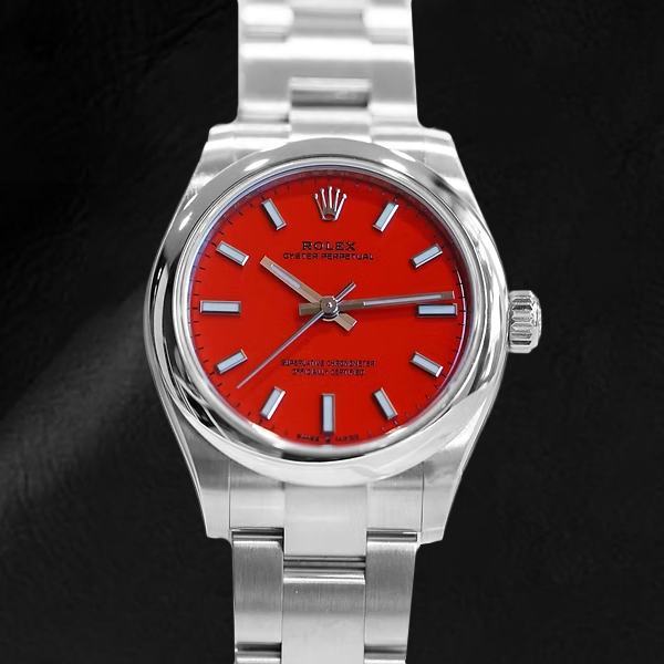 Rolex Oyster Perpetual Coral Red Luminous Dial Steel Watch
