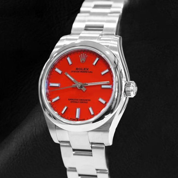 Rolex Oyster Perpetual Coral Red Luminous Dial Steel Watch