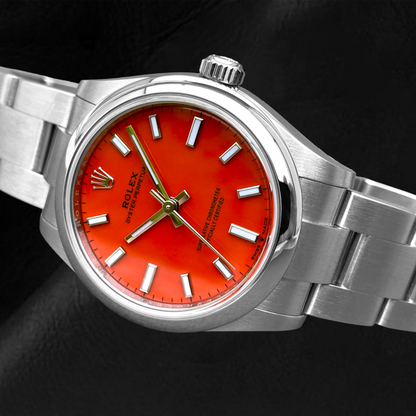 Rolex Oyster Perpetual Coral Red Luminous Dial Steel Watch