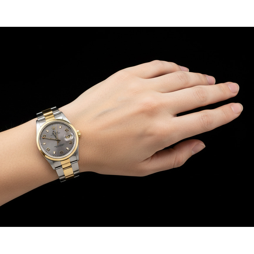 Rolex Oyster Perpetual Date Silver Arabic 34mm Two Tone Watch