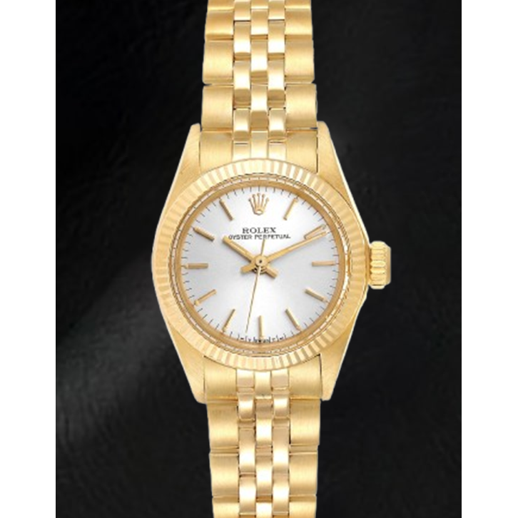 Rolex Oyster Prepetual Silver Stick Dial 24 mm Yellow Gold Ladies Watch