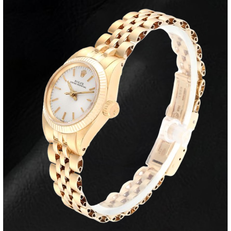 Rolex Oyster Prepetual Silver Stick Dial 24 mm Yellow Gold Ladies Watch