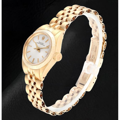 Rolex Oyster Prepetual Silver Stick Dial 24 mm Yellow Gold Ladies Watch