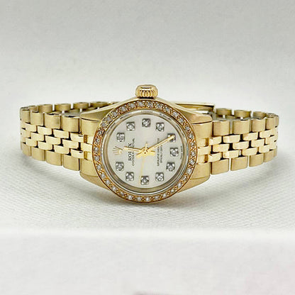 Rolex Oyster Watch Mother Of Pearl Diamond Dial Yellow Gold Jubilee Band