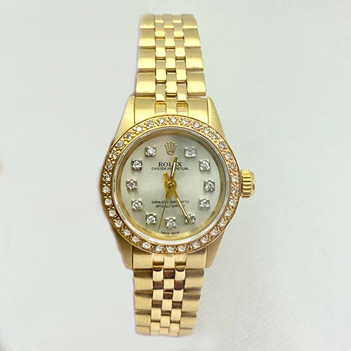 Rolex Oyster Watch Mother Of Pearl Diamond Dial Yellow Gold Jubilee Band