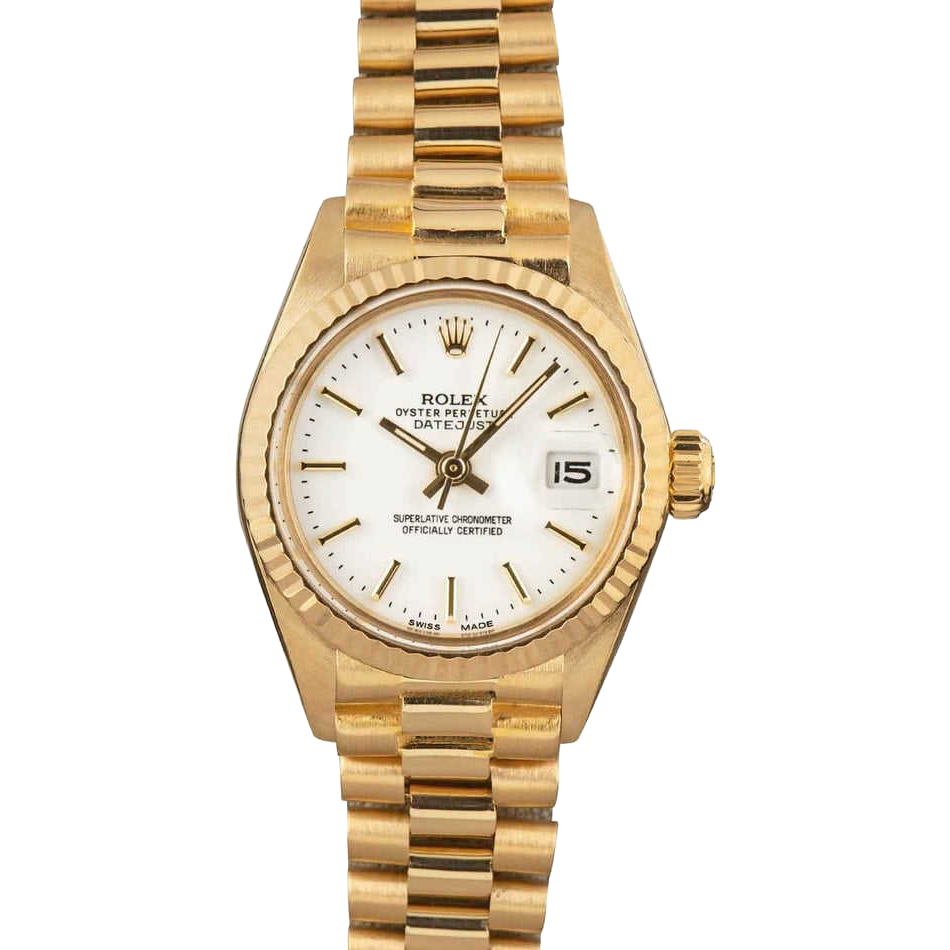 Rolex President Stick Dial Fluted Bezel Yellow Gold Lady Watch
