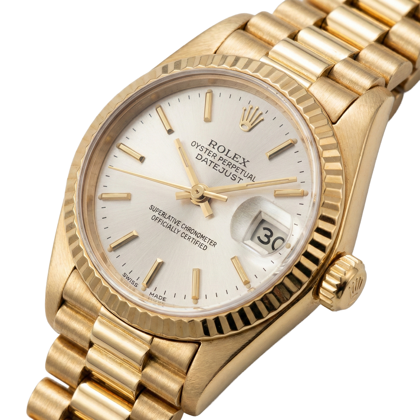 Rolex President Stick Dial Fluted Bezel Yellow Gold Lady Watch