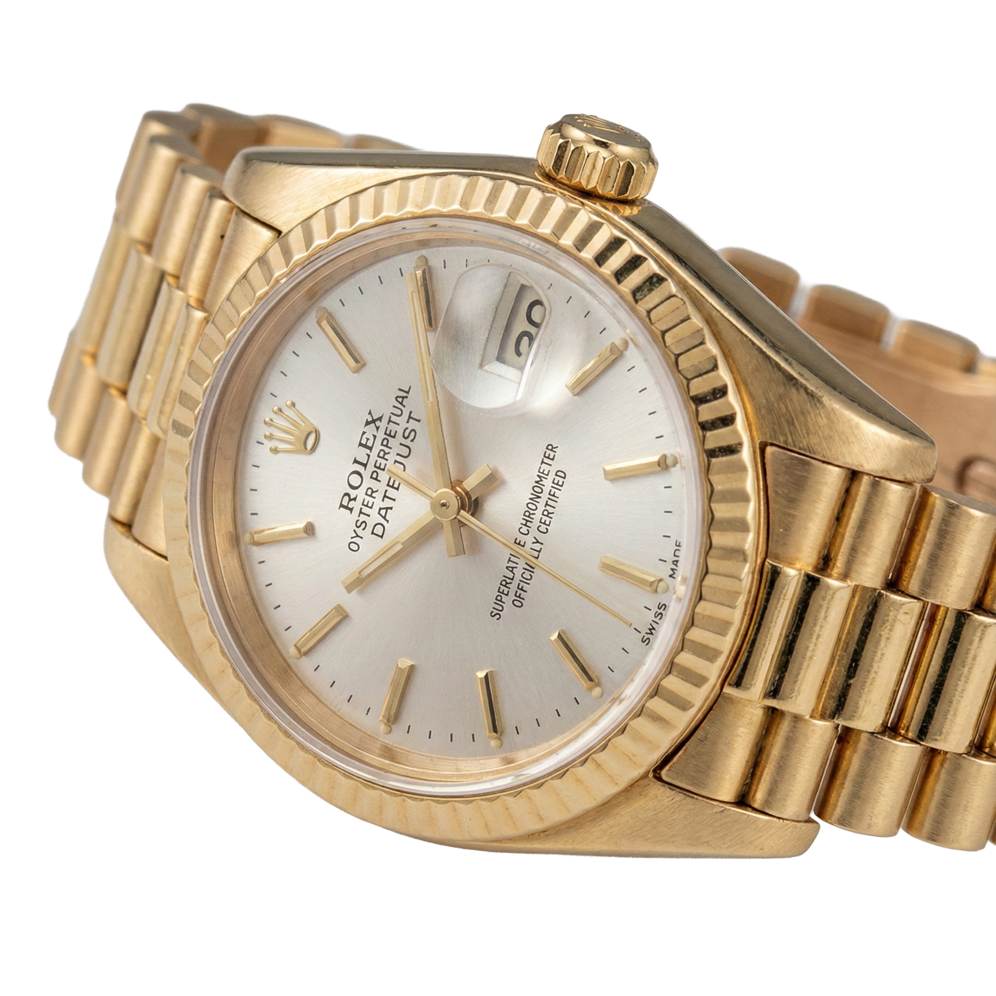 Rolex President Stick Dial Fluted Bezel Yellow Gold Lady Watch